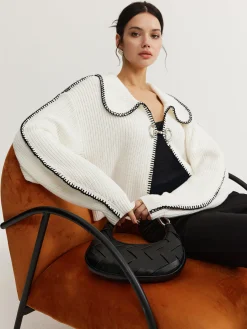 COMMENSE Contrast Trim Magnet Closure Knit Top* Sweater Tops|Sweaters & Cardigans