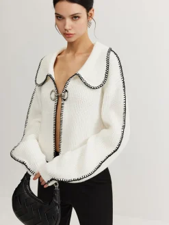 COMMENSE Contrast Trim Magnet Closure Knit Top* Sweater Tops|Sweaters & Cardigans