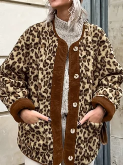 COMMENSE Contrast Trim Minky Leopard Jacket* Outerwear|Jackets