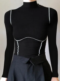COMMENSE Contrast Trim Mock Neck Long Sleeve Top* T-shirts|Tops