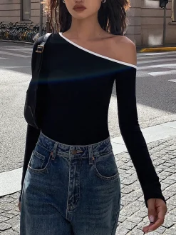 COMMENSE Contrast Trim Off Shoulder Long Sleeve Shirt* Sweater Tops|T-shirts