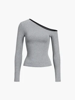 COMMENSE Contrast Trim Off Shoulder Long Sleeve Shirt* Sweater Tops|T-shirts