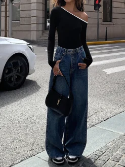 COMMENSE Contrast Trim Off Shoulder Long Sleeve Shirt* Sweater Tops|T-shirts
