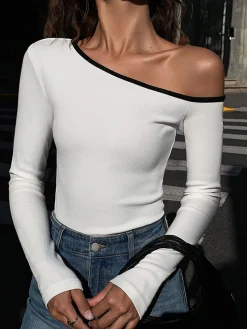 COMMENSE Contrast Trim Off Shoulder Long Sleeve Shirt* Sweater Tops|T-shirts