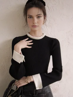 COMMENSE Contrast Trim Pearl-Detail Sweater* Sweater Tops|Sweaters & Cardigans