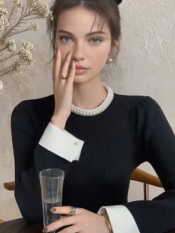 COMMENSE Contrast Trim Pearl-Detail Sweater* Sweater Tops|Sweaters & Cardigans