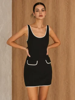 COMMENSE Contrast Trim Piping Zipper Dress* Black Dresses|Casual Dresses