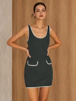 COMMENSE Contrast Trim Piping Zipper Dress* Black Dresses|Casual Dresses