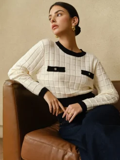 COMMENSE Contrast Trim Plaid Pullover Sweater* Sweater Tops|Sweaters & Cardigans