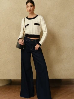 COMMENSE Contrast Trim Plaid Pullover Sweater* Sweater Tops|Sweaters & Cardigans