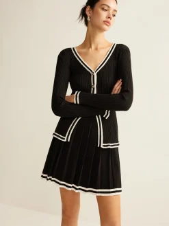 COMMENSE Contrast Trim Pleated Knit Skirt Set* Sweater Tops|Skirts
