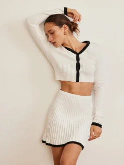 COMMENSE Contrast Trim Pleated Mini Skirt Set* Skirt Sets|Long Sleeve Sets