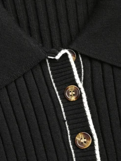 COMMENSE Contrast Trim Polo Long Knit Dress* Black Dresses|Sweater Dresses