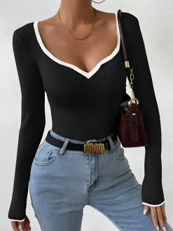 COMMENSE Contrast Trim Sexy Knit Top* Sweater Tops|Sweaters & Cardigans