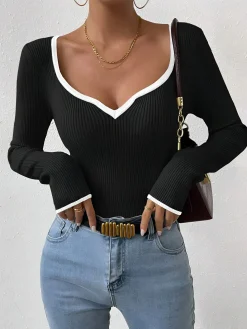 COMMENSE Contrast Trim Sexy Knit Top* Sweater Tops|Sweaters & Cardigans