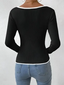 COMMENSE Contrast Trim Sexy Knit Top* Sweater Tops|Sweaters & Cardigans