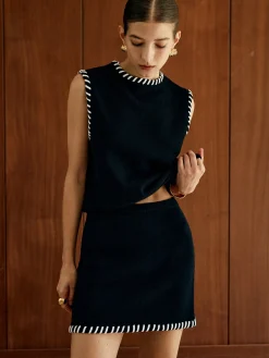COMMENSE Contrast Trim Sleeveless Skirt Set* Skirt Sets|Long Sleeve Sets