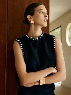 COMMENSE Contrast Trim Sleeveless Skirt Set* Skirt Sets|Long Sleeve Sets