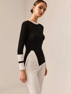 COMMENSE Contrast Trim Slit Stretch Knit Top* Sweater Tops|Sweaters & Cardigans