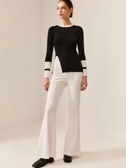 COMMENSE Contrast Trim Slit Stretch Knit Top* Sweater Tops|Sweaters & Cardigans