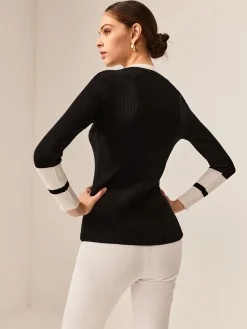 COMMENSE Contrast Trim Slit Stretch Knit Top* Sweater Tops|Sweaters & Cardigans