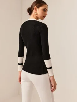 COMMENSE Contrast Trim Slit Stretch Knit Top* Sweater Tops|Sweaters & Cardigans