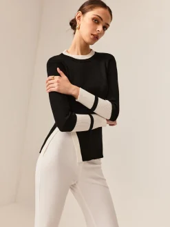 COMMENSE Contrast Trim Slit Stretch Knit Top* Sweater Tops|Sweaters & Cardigans