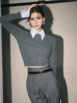 COMMENSE Contrast Trim Soft Lapel Sweater* Sweater Tops|Sweaters & Cardigans