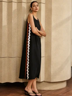 COMMENSE Contrast Trim Split Sleeveless Dress* Black Dresses|Casual Dresses