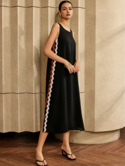 COMMENSE Contrast Trim Split Sleeveless Dress* Black Dresses|Casual Dresses