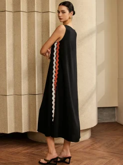COMMENSE Contrast Trim Split Sleeveless Dress* Black Dresses|Casual Dresses