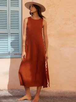 COMMENSE Contrast Trim Split Sleeveless Dress* Black Dresses|Casual Dresses
