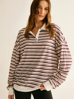 COMMENSE Contrast Trim Striped Polo Sweatshirt* Sweatshirts & Hoodies|Tops