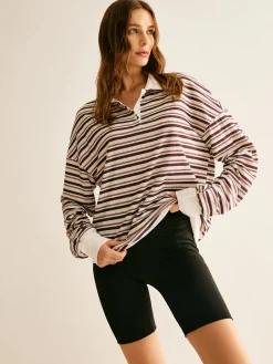 COMMENSE Contrast Trim Striped Polo Sweatshirt* Sweatshirts & Hoodies|Tops