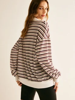 COMMENSE Contrast Trim Striped Polo Sweatshirt* Sweatshirts & Hoodies|Tops