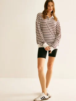 COMMENSE Contrast Trim Striped Polo Sweatshirt* Sweatshirts & Hoodies|Tops