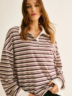 COMMENSE Contrast Trim Striped Polo Sweatshirt* Sweatshirts & Hoodies|Tops