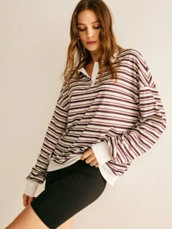 COMMENSE Contrast Trim Striped Polo Sweatshirt* Sweatshirts & Hoodies|Tops