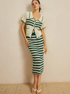 COMMENSE Contrast Trim Striped Skirt Set* Sweater Tops|Skirts