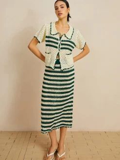 COMMENSE Contrast Trim Striped Skirt Set* Sweater Tops|Skirts