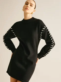 COMMENSE Contrast Trim Sweater Short Dress* Black Dresses|Sweater Dresses