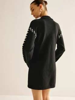 COMMENSE Contrast Trim Sweater Short Dress* Black Dresses|Sweater Dresses