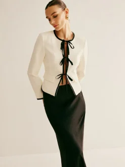 COMMENSE Contrast Trim Tie Front Blazer* Outerwear|Blazers