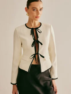 COMMENSE Contrast Trim Tie Front Blazer* Outerwear|Blazers