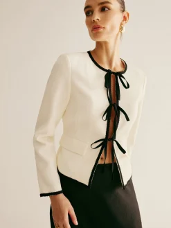 COMMENSE Contrast Trim Tie Front Blazer* Outerwear|Blazers