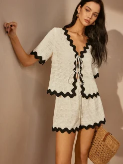 COMMENSE Contrast Trim V-Neck Shorts Set* Shorts Sets|Shorts