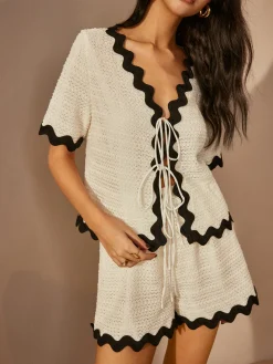 COMMENSE Contrast Trim V-Neck Shorts Set* Shorts Sets|Shorts