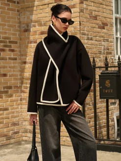 COMMENSE Contrast Trim Wool Coat With Scarf* Outerwear|Coats