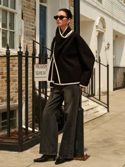 COMMENSE Contrast Trim Wool Coat With Scarf* Outerwear|Coats