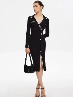COMMENSE Contrast Trim Wrap Midi Knit Dress* Black Dresses|Sweater Dresses